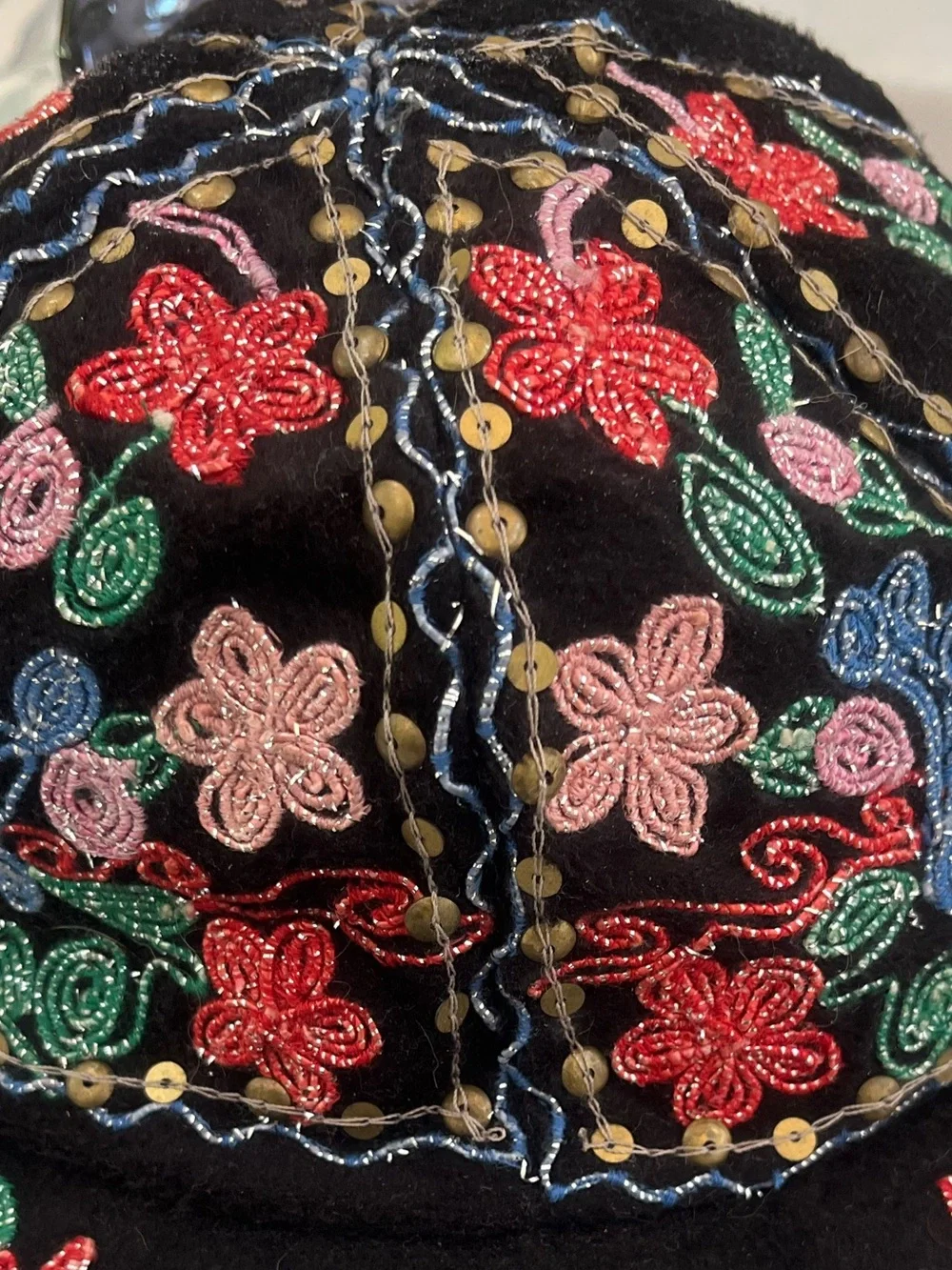 Brand New! Embroidered Floral Black Cap with Multicolor Beading